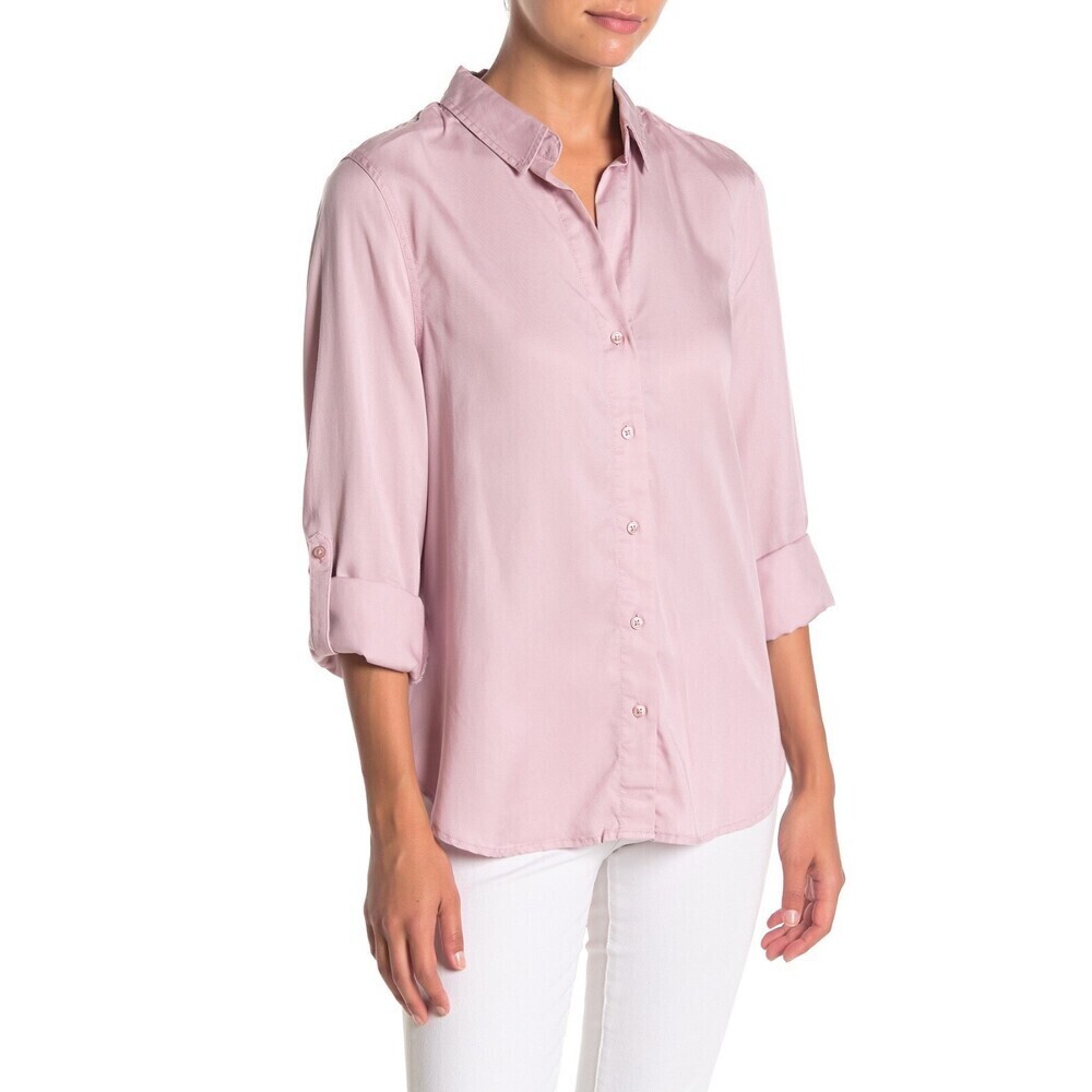 Como Vintage Soft Twill Button Front High/Low Top In Soft Pink Size M
